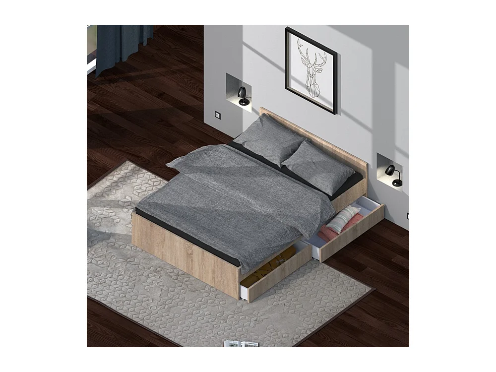 Lit 2 places 160x200cm couleur Chêne KIAPA inclus sommier et 2  tiroirs pour rangement