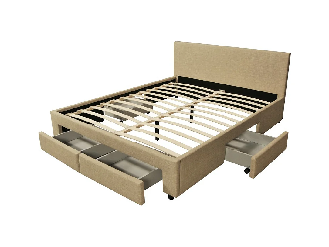 Lit 2 places 140x190cm Tissu Beige LOUGNE inclus sommier et 4 tiroirs