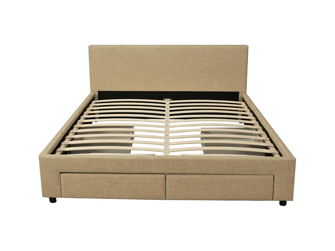 Lit 2 places 140x190cm Tissu Beige LOUGNE inclus sommier et 4 tiroirs
