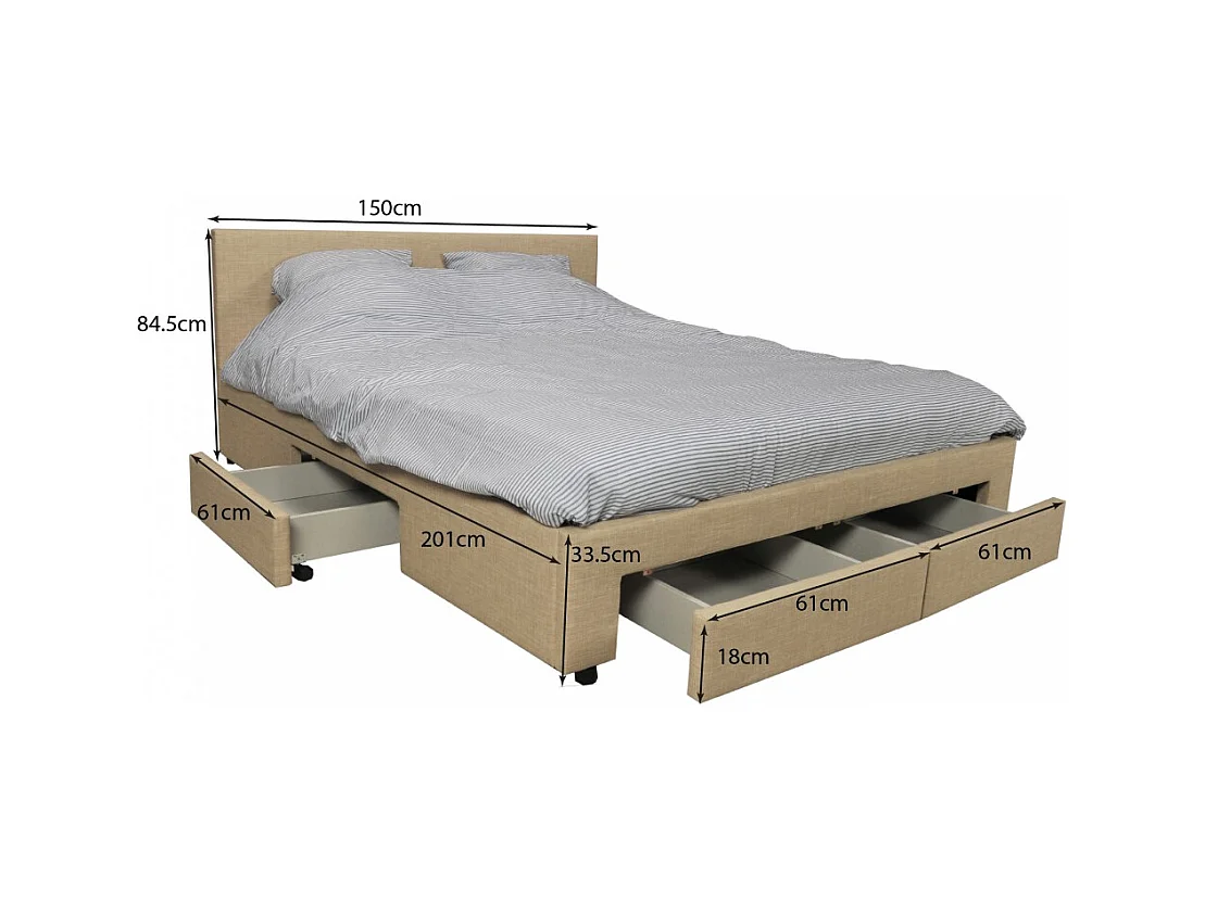 Lit 2 places 140x190cm Tissu Beige LOUGNE inclus sommier et 4 tiroirs