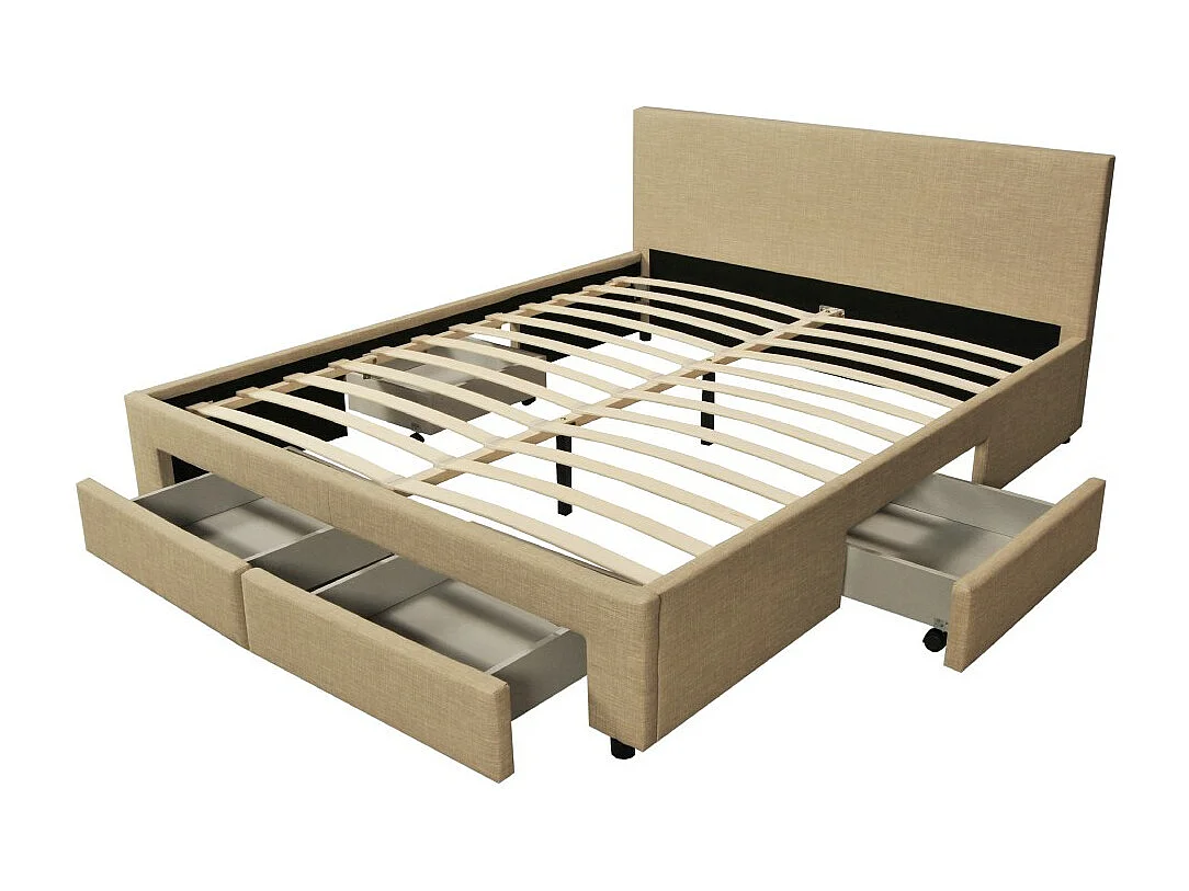 Lit 2 places 140x190cm Tissu Beige LOUGNE inclus sommier et 4 tiroirs