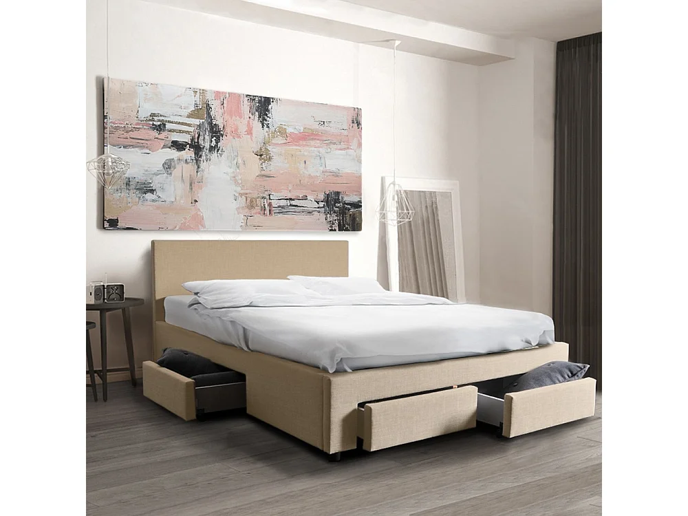Lit 2 places 140x190cm Tissu Beige LOUGNE inclus sommier et 4 tiroirs