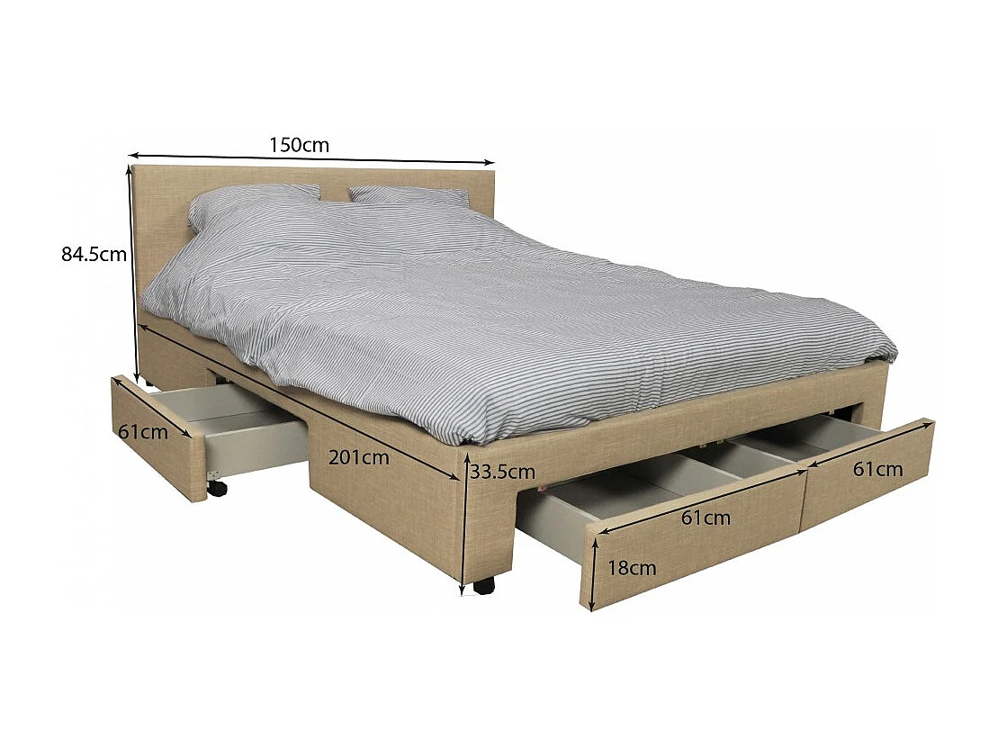 Lit 2 places 140x190cm Tissu Beige LOUGNE inclus sommier et 4 tiroirs