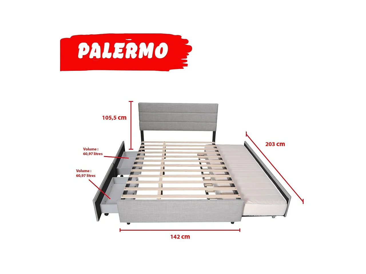 Lit 2 places 140x200cm avec tiroir lit Gris clair PALMER inclus sommier et 2 tiroirs