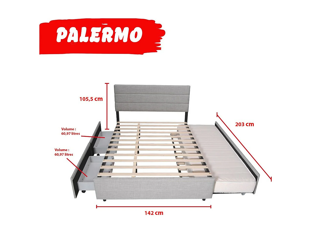 Lit 2 places 140x200cm avec tiroir lit Gris clair PALMER inclus sommier et 2 tiroirs