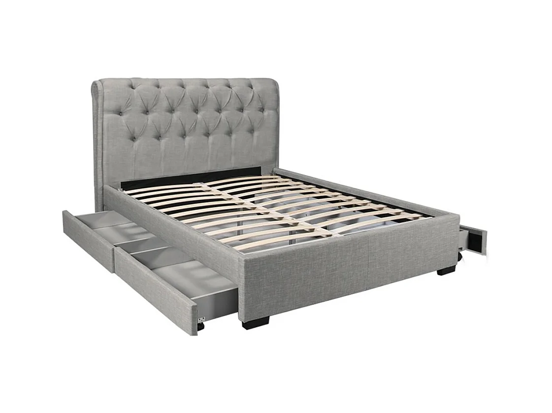 Lit 2 places 160x200cm CHALIN Gris clair avec tête de lit inclus sommier et 4 tiroirs pour rangement