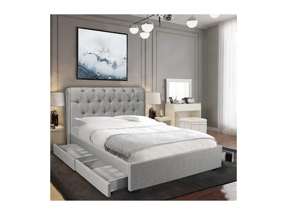 Lit 2 places 160x200cm CHALIN Gris clair avec tête de lit inclus sommier et 4 tiroirs pour rangement