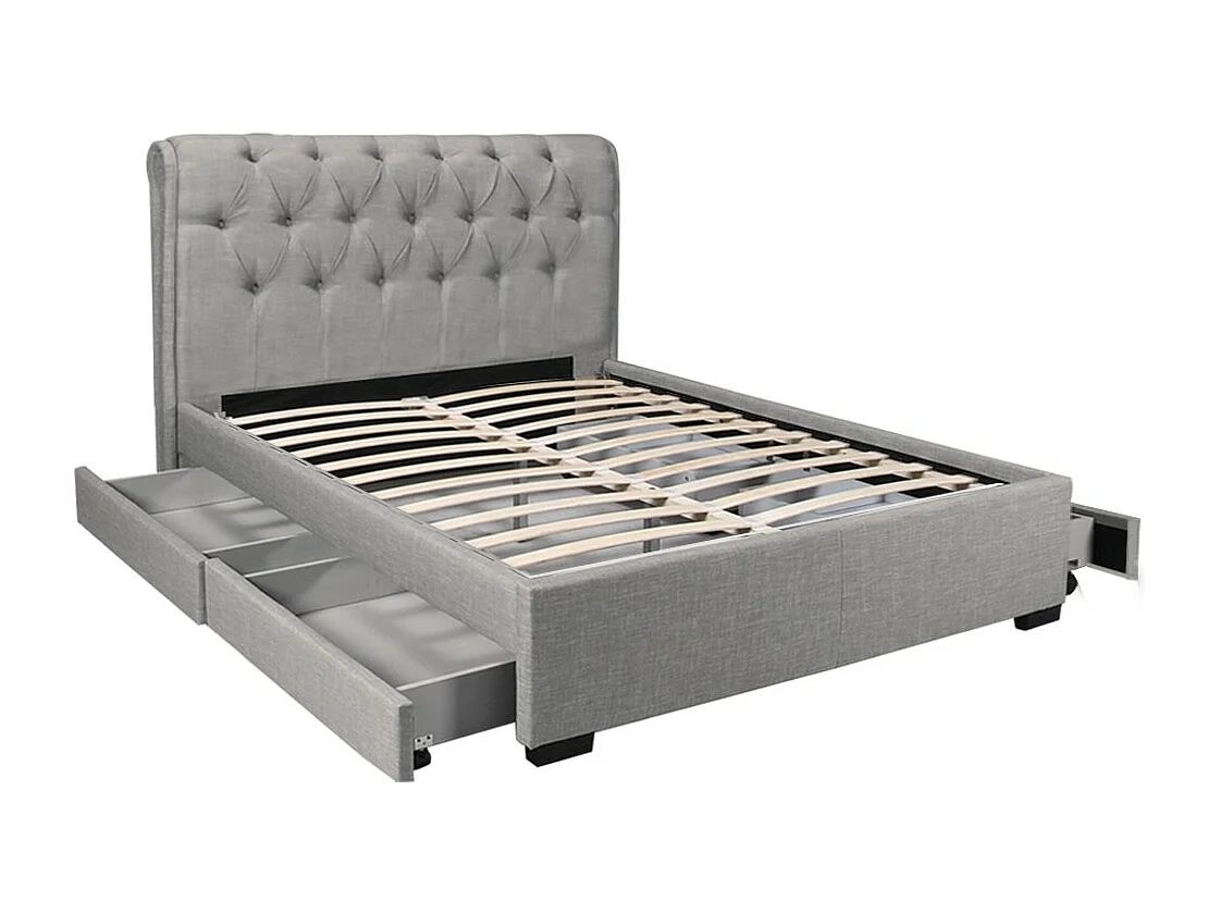 Lit 2 places 160x200cm CHALIN Gris clair avec tête de lit inclus sommier et 4 tiroirs pour rangement