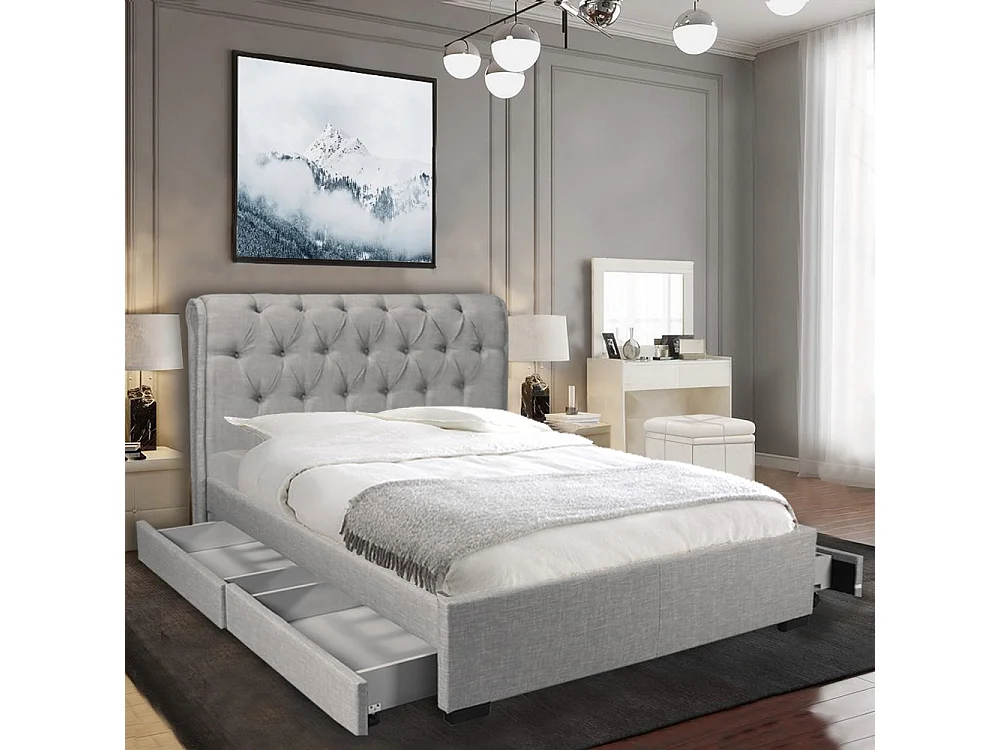 Lit 2 places 160x200cm CHALIN Gris clair avec tête de lit inclus sommier et 4 tiroirs pour rangement