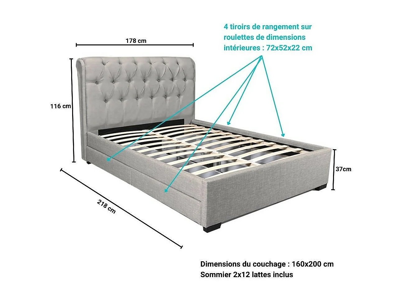 Lit 2 places 160x200cm CHALIN Gris clair avec tête de lit inclus sommier et 4 tiroirs pour rangement