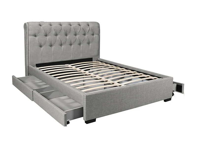 Lit 2 places 160x200cm CHALIN Gris clair avec tête de lit inclus sommier et 4 tiroirs pour rangement