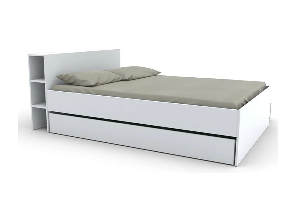 Lit 2 places 140x190cm Blanc ROGO inclus sommier et tete de lit avec étageres et 2 tiroirs
