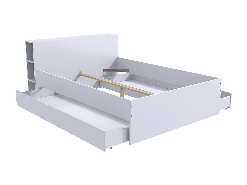 Lit 2 places 140x190cm Blanc ROGO inclus sommier et tete de lit avec étageres et 2 tiroirs