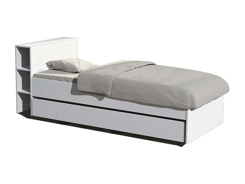 Lit 1 place 90x190cm blanc ROGO inclus tete de lit avec étageres