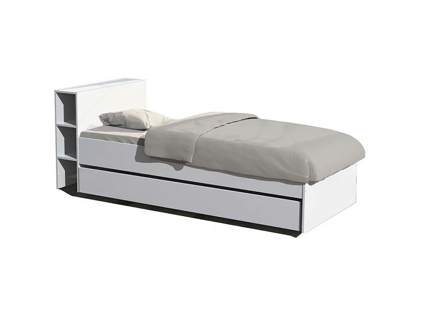 Lit 1 place 90x190cm blanc ROGO inclus tete de lit avec étageres