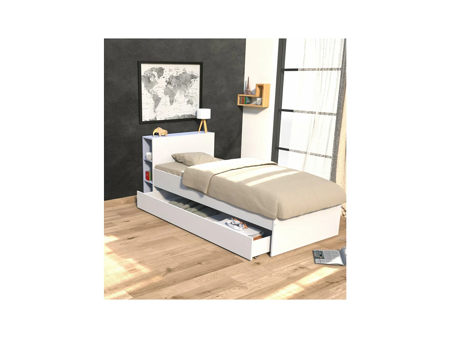 Lit 1 place 90x190cm blanc ROGO inclus tete de lit avec étageres