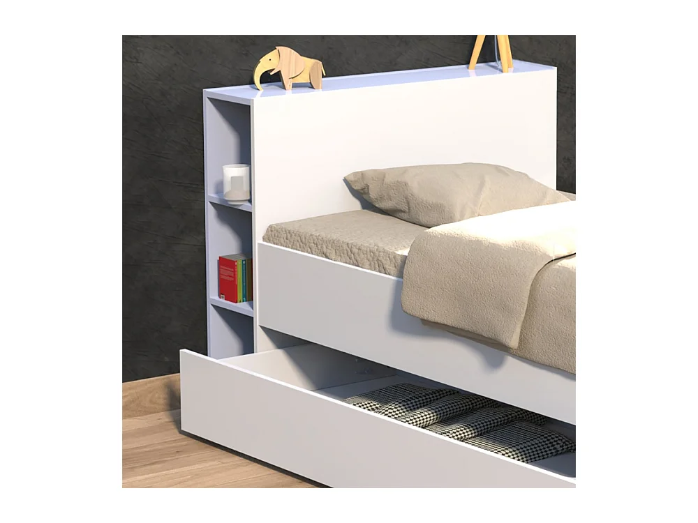 Lit 1 place 90x190cm blanc ROGO inclus tete de lit avec étageres