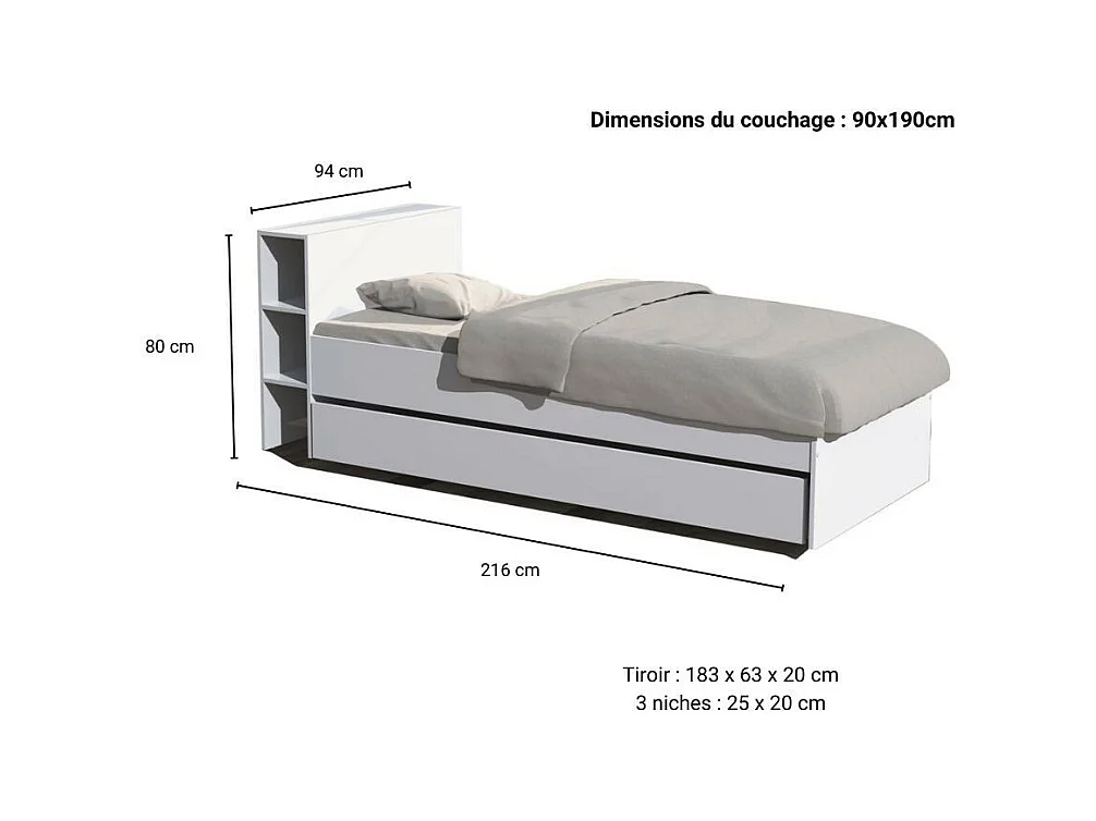 Lit 1 place 90x190cm blanc ROGO inclus tete de lit avec étageres