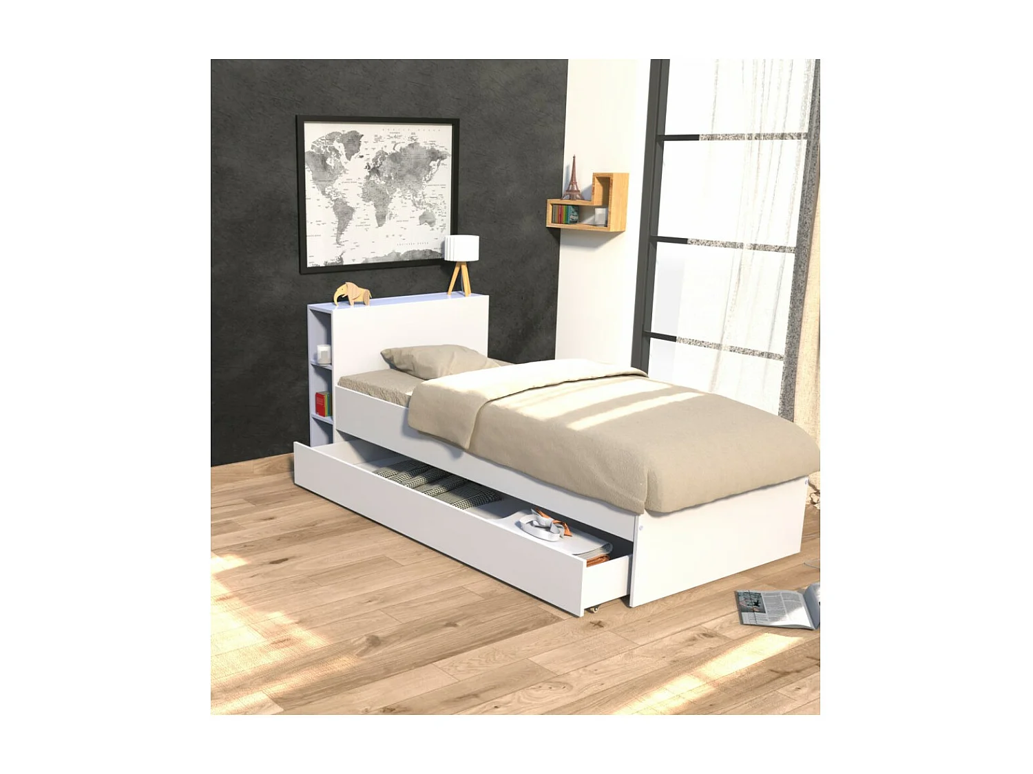 Lit 1 place 90x190cm blanc ROGO inclus tete de lit avec étageres