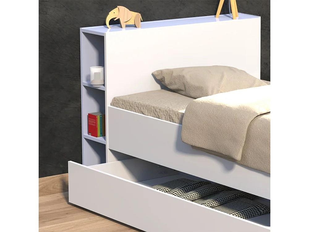 Lit 1 place 90x190cm blanc ROGO inclus tete de lit avec étageres