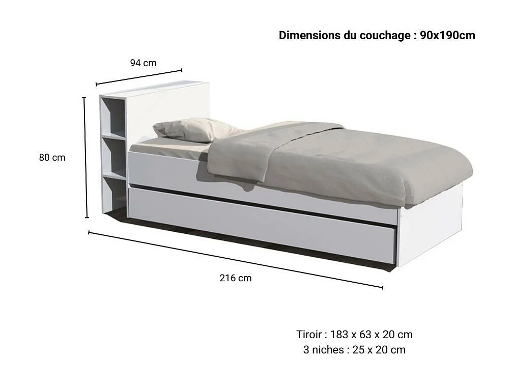 Lit 1 place 90x190cm blanc ROGO inclus tete de lit avec étageres