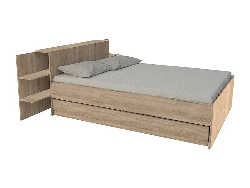 Lit 2 places 140x190cm Chêne CITA inclus sommier et tete de lit chevet et tiroir