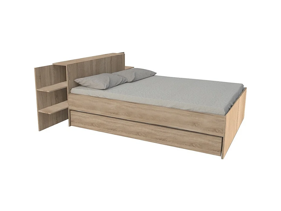 Lit 2 places 140x190cm Chêne CITA inclus sommier et tete de lit chevet et tiroir