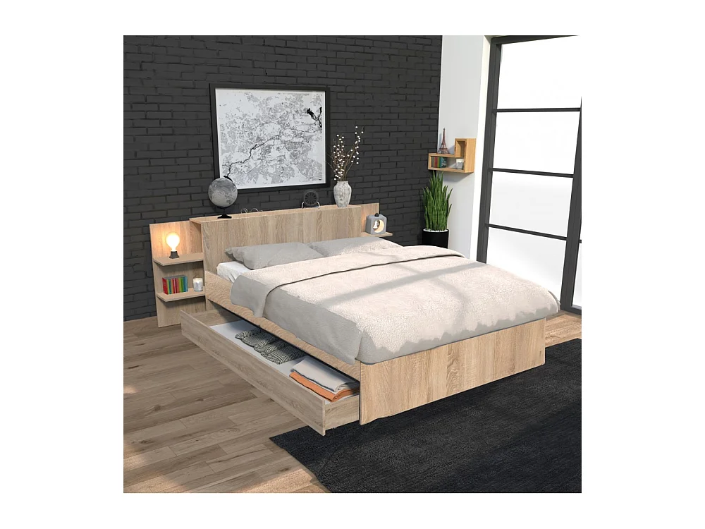 Lit 2 places 140x190cm Chêne CITA inclus sommier et tete de lit chevet et tiroir