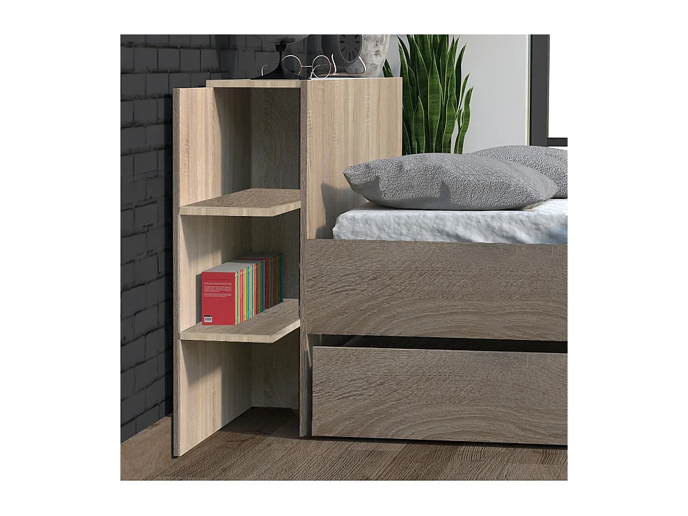 Lit 2 places 140x190cm Chêne CITA inclus sommier et tete de lit chevet et tiroir