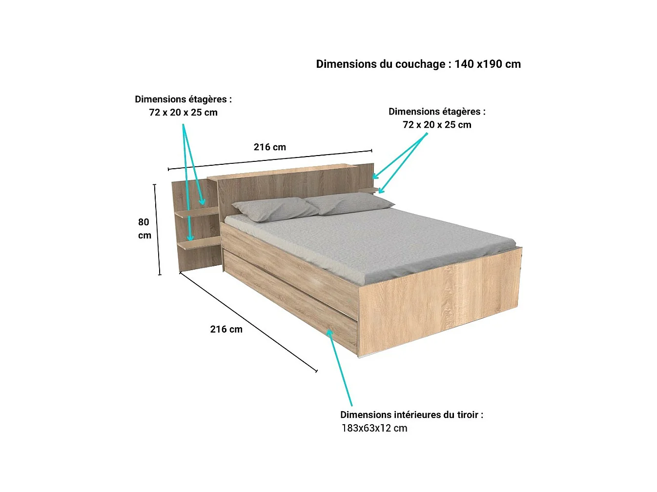 Lit 2 places 140x190cm Chêne CITA inclus sommier et tete de lit chevet et tiroir