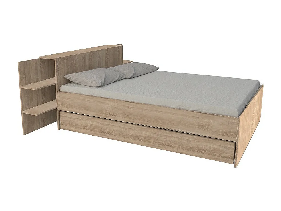 Lit 2 places 140x190cm Chêne CITA inclus sommier et tete de lit chevet et tiroir