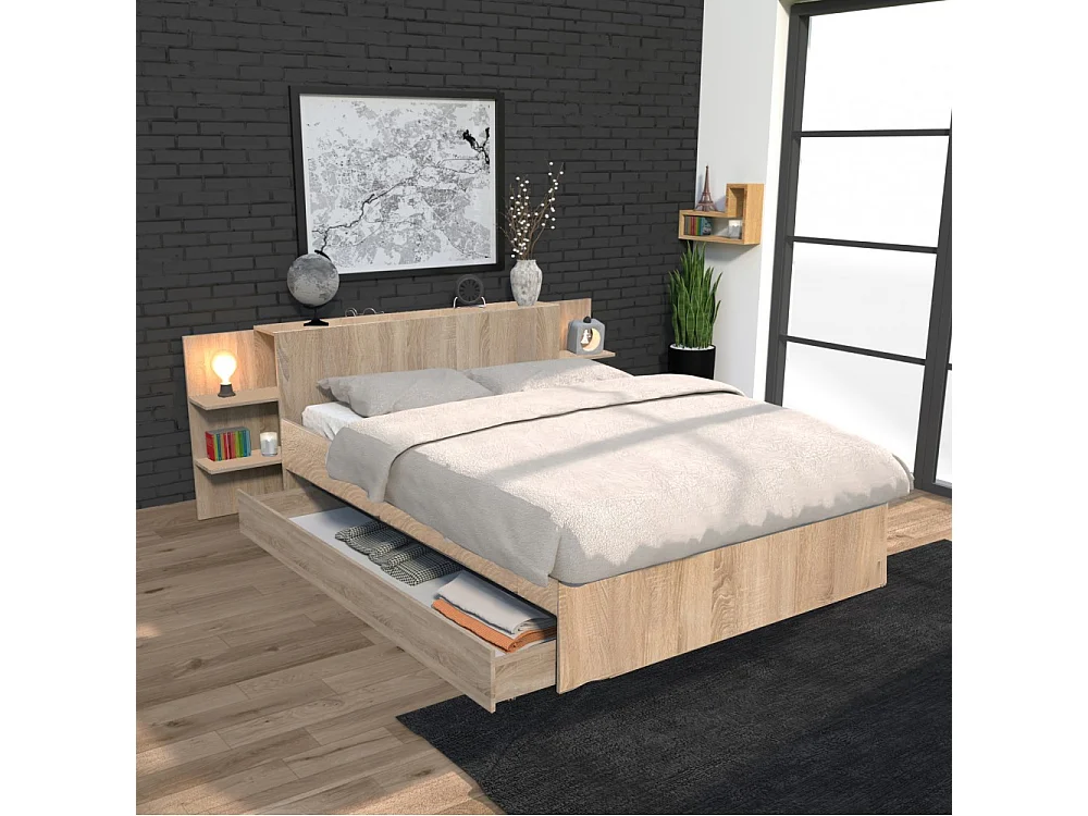 Lit 2 places 140x190cm Chêne CITA inclus sommier et tete de lit chevet et tiroir