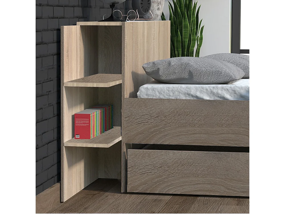 Lit 2 places 140x190cm Chêne CITA inclus sommier et tete de lit chevet et tiroir