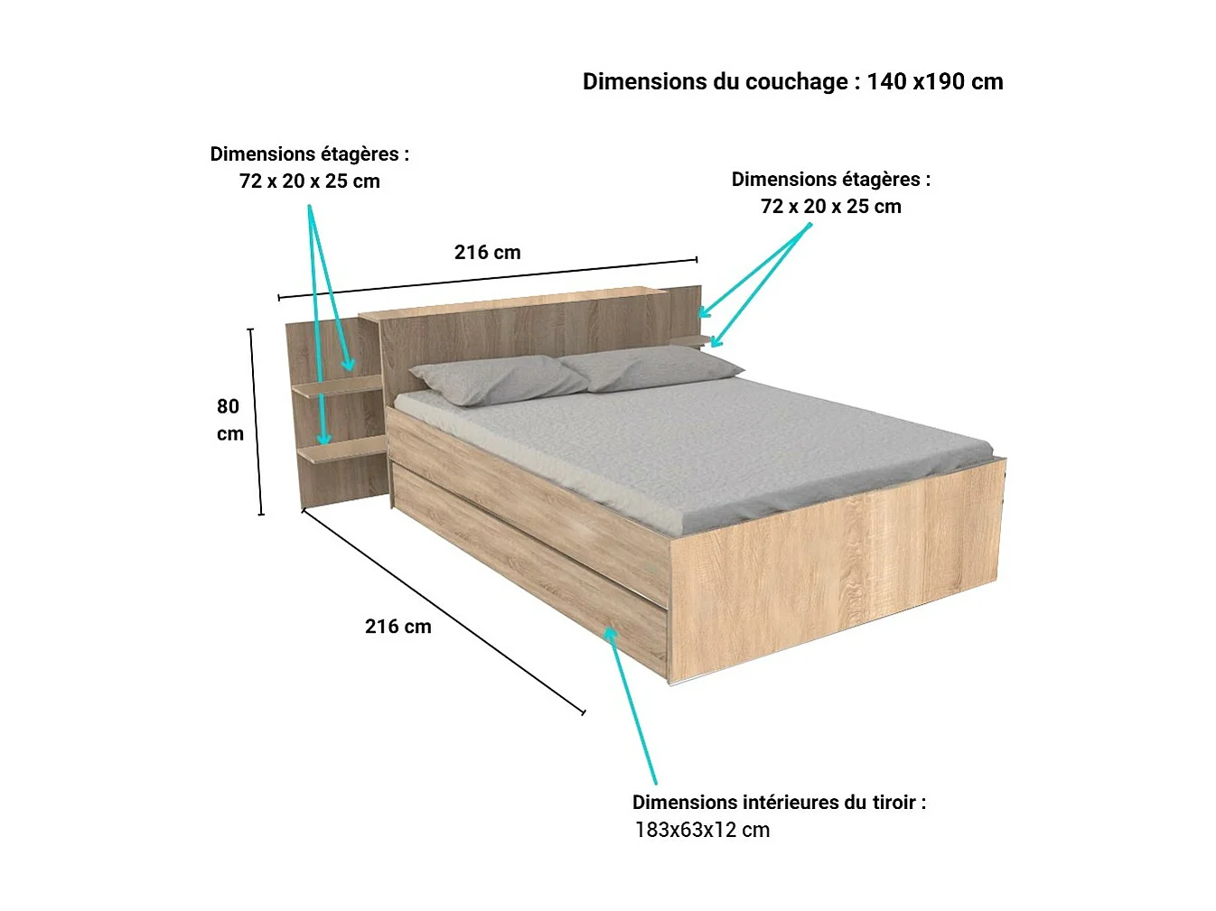Lit 2 places 140x190cm Chêne CITA inclus sommier et tete de lit chevet et tiroir
