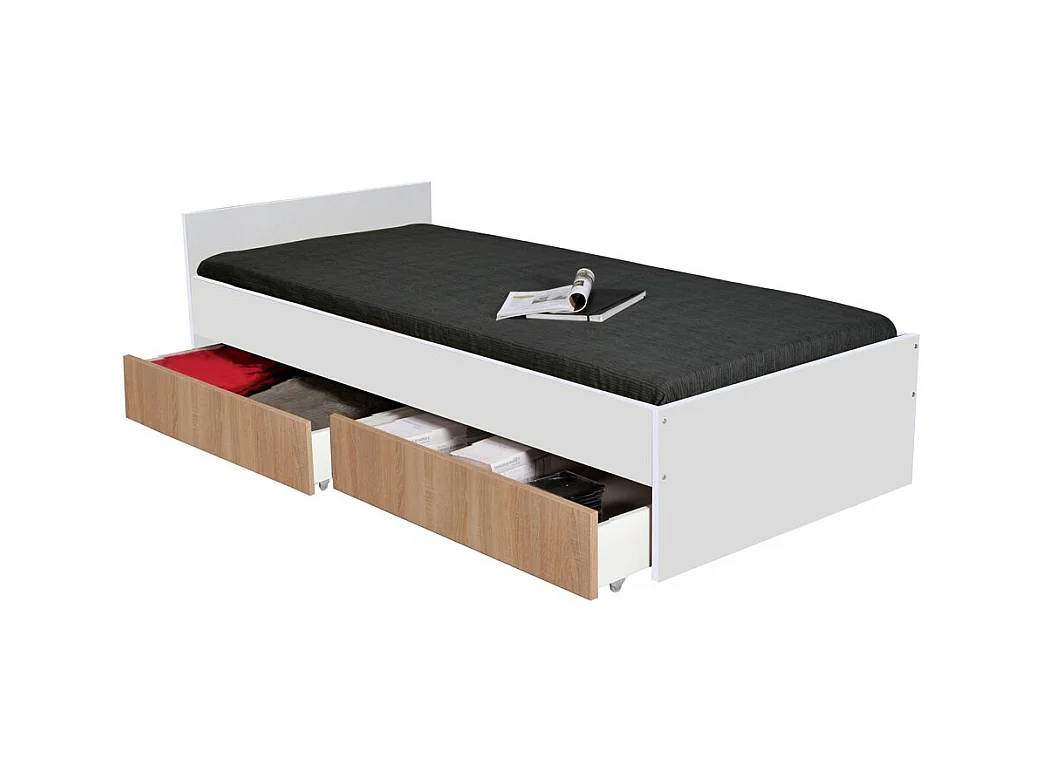 Lit 1 place 90x190cm blanc KIAPA Blanc inclus sommier et 2 tiroirs Chêne pour rangement