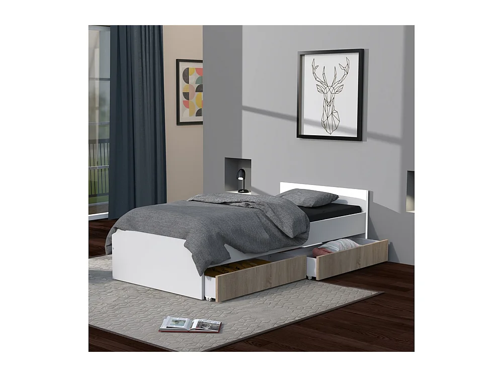 Lit 1 place 90x190cm blanc KIAPA Blanc inclus sommier et 2 tiroirs Chêne pour rangement