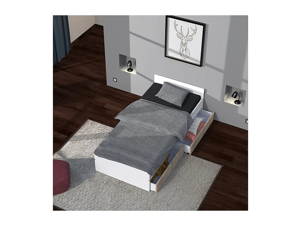 Lit 1 place 90x190cm blanc KIAPA Blanc inclus sommier et 2 tiroirs Chêne pour rangement
