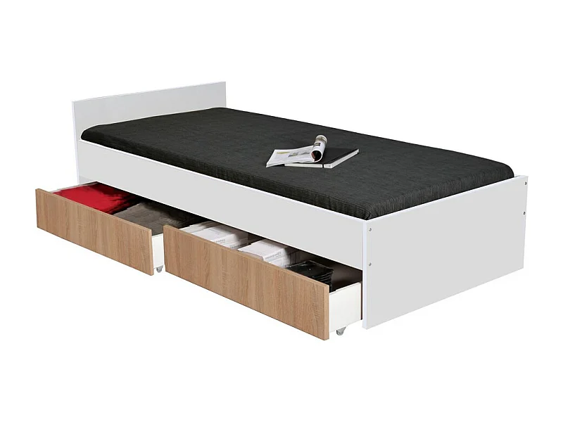 Lit 1 place 90x190cm blanc KIAPA Blanc inclus sommier et 2 tiroirs Chêne pour rangement