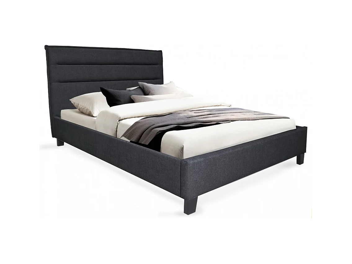 Lit 2 places 140x190cm tissu Gris foncé avec sommier LANEAU