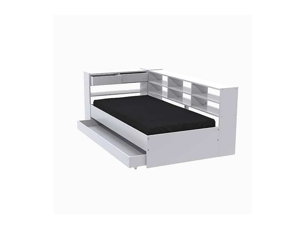 Lit angle 1 place 90x190cm blanc ANGEL avec rangement inclus sommier 1 tiroir et étagères