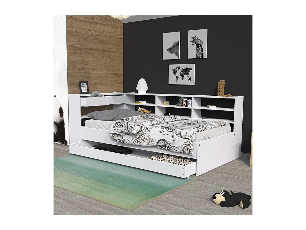 Lit angle 1 place 90x190cm blanc ANGEL avec rangement inclus sommier 1 tiroir et étagères