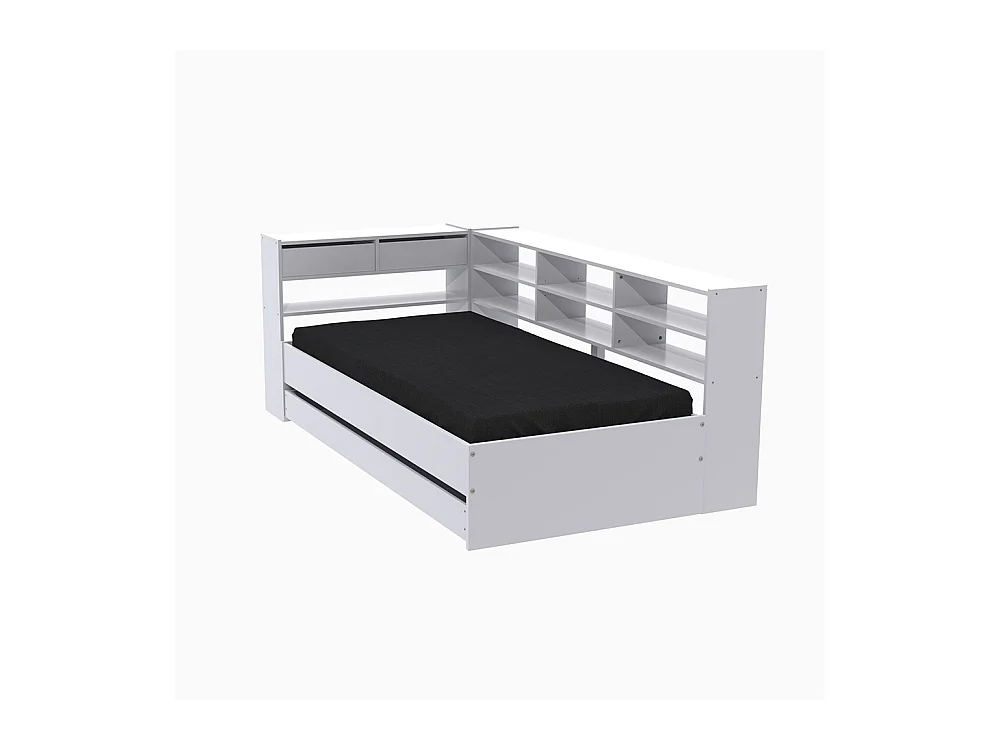 Lit angle 1 place 90x190cm blanc ANGEL avec rangement inclus sommier 1 tiroir et étagères