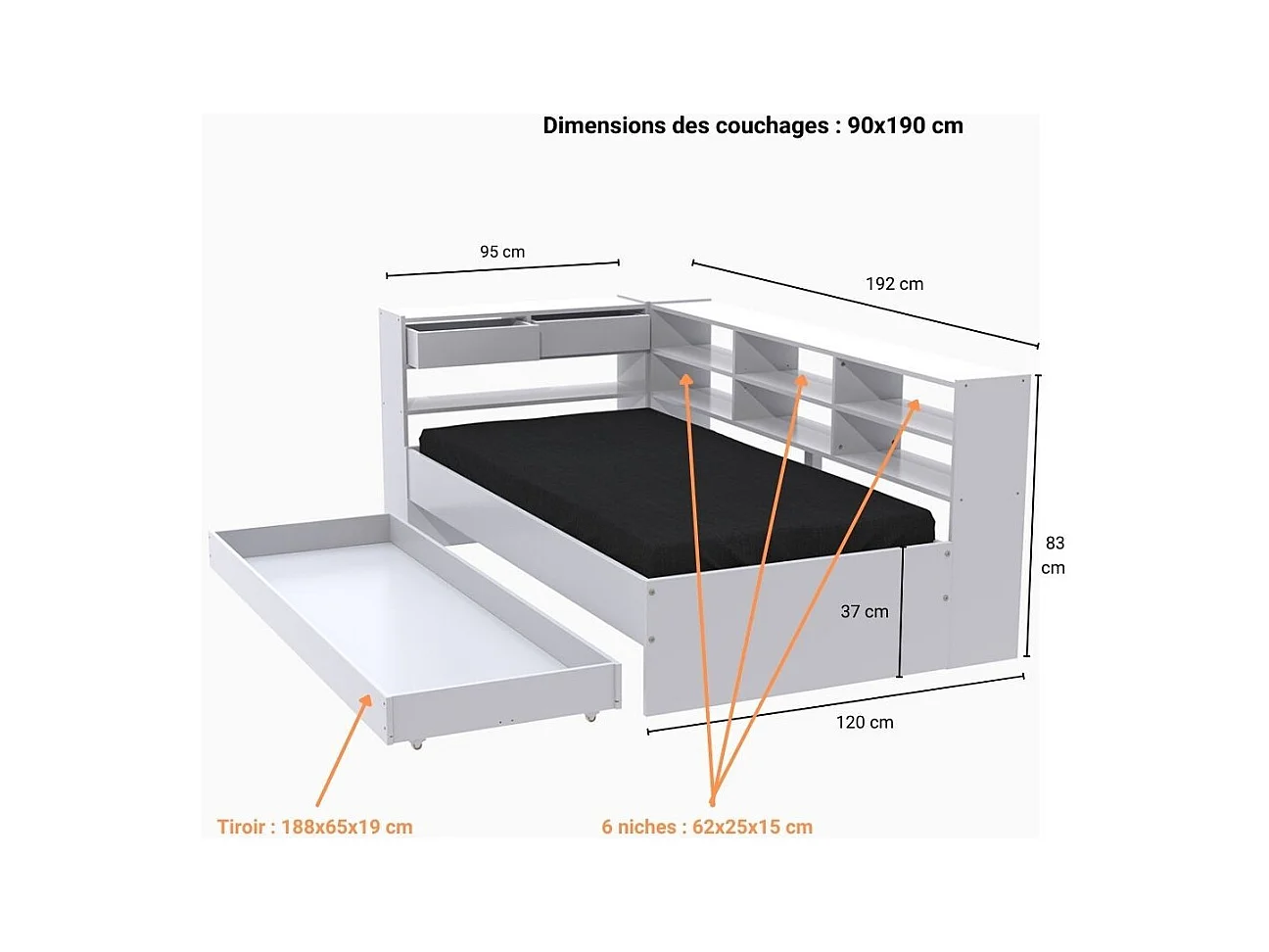 Lit angle 1 place 90x190cm blanc ANGEL avec rangement inclus sommier 1 tiroir et étagères