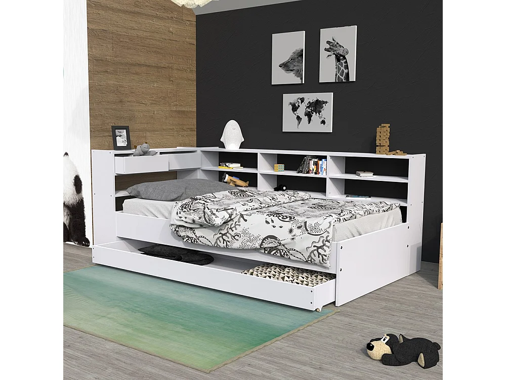 Lit angle 1 place 90x190cm blanc ANGEL avec rangement inclus sommier 1 tiroir et étagères