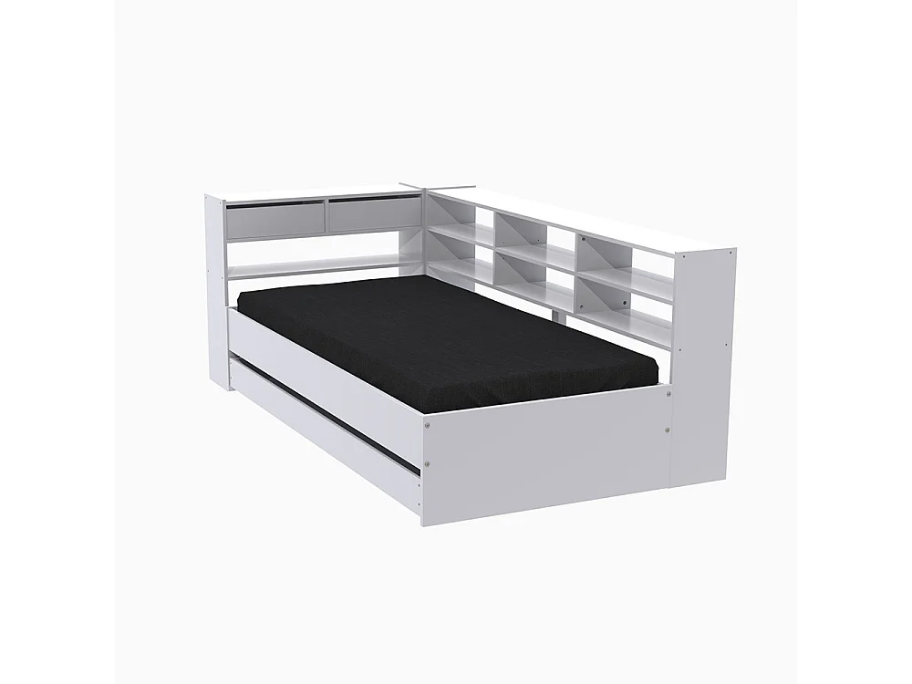 Lit angle 1 place 90x190cm blanc ANGEL avec rangement inclus sommier 1 tiroir et étagères