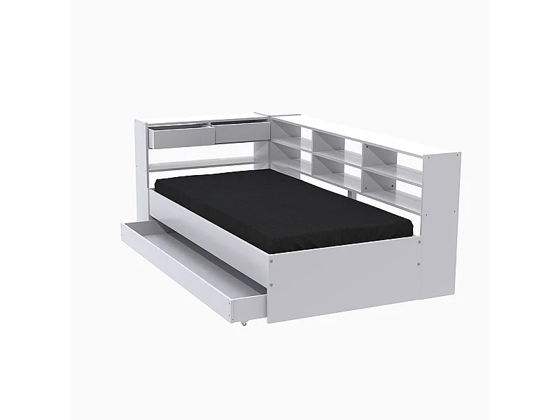 Lit angle 1 place 90x190cm blanc ANGEL avec rangement inclus sommier 1 tiroir et étagères