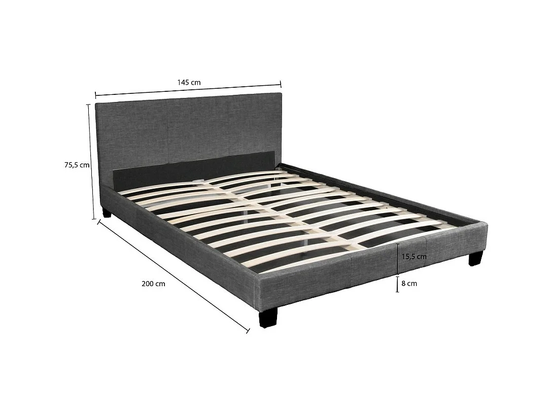 Lit 2 places 140x190cm Tissu Gris foncé avec sommier DUSIN