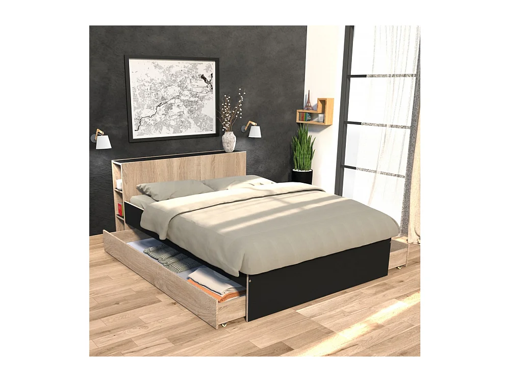 Lit 2 places 140x190cm Noir et chêne ROGO inclus sommier et tete de lit avec étageres et 2 tiroirs