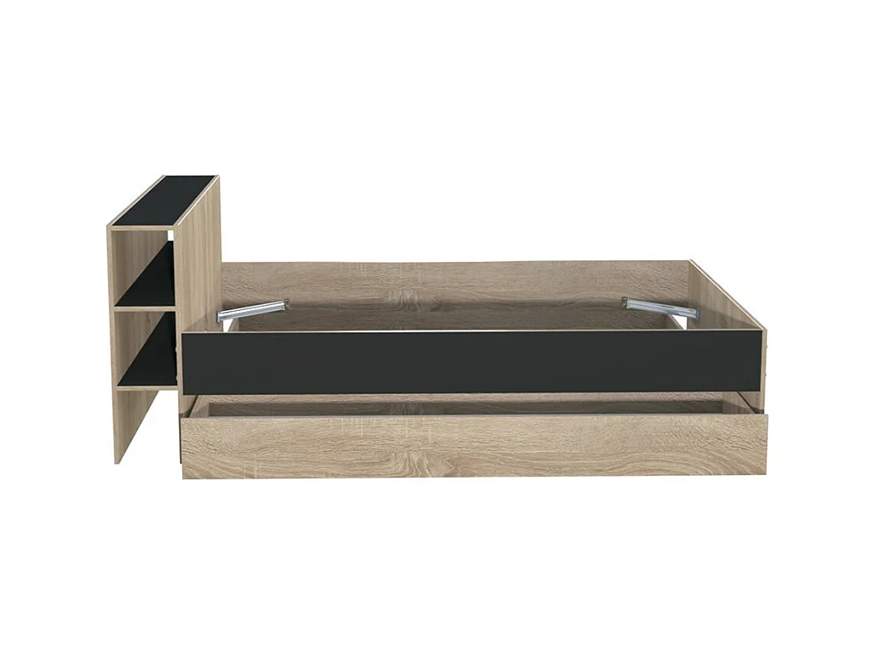 Lit 2 places 140x190cm Noir et chêne ROGO inclus sommier et tete de lit avec étageres et 2 tiroirs
