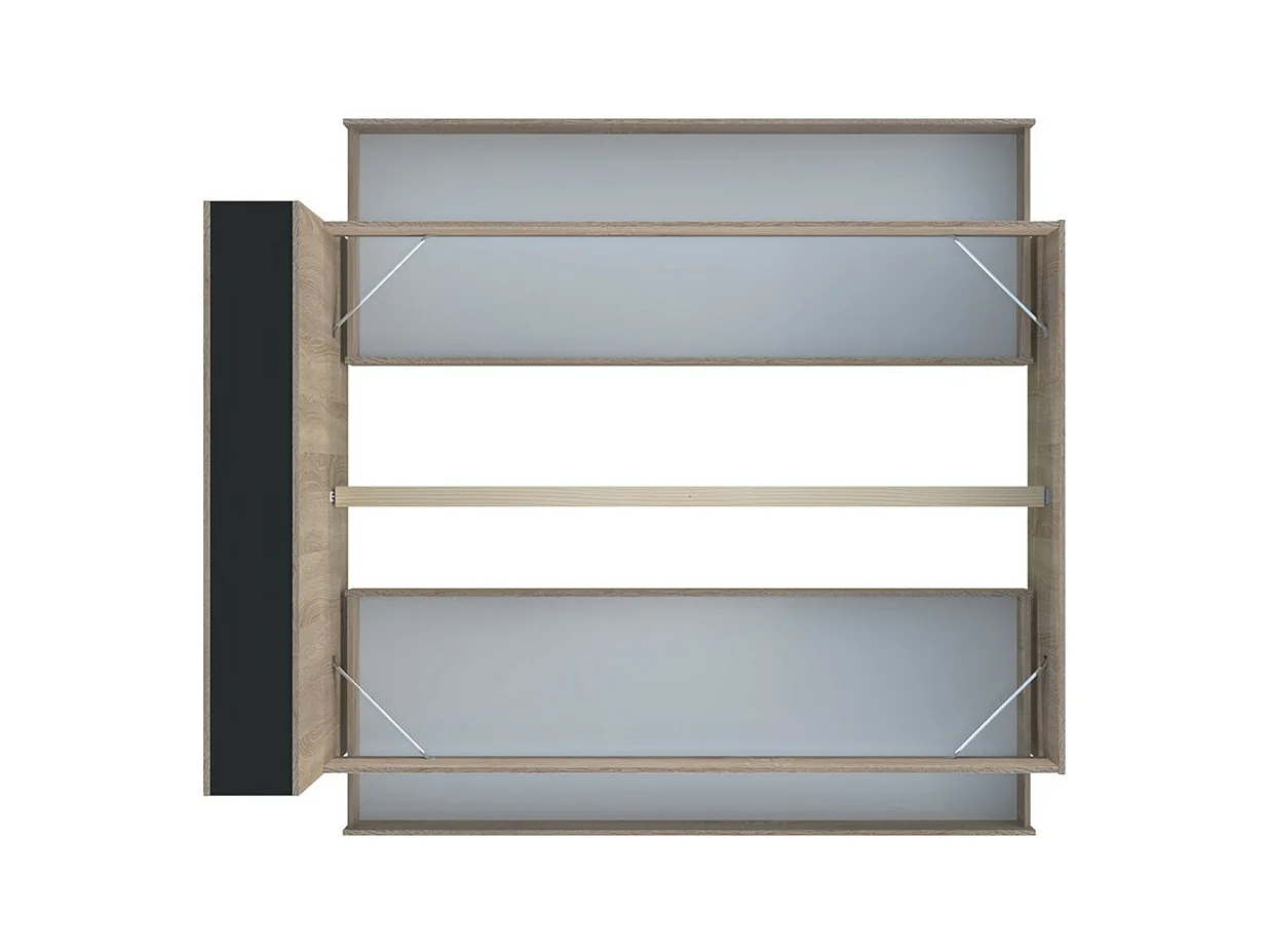 Lit 2 places 140x190cm Noir et chêne ROGO inclus sommier et tete de lit avec étageres et 2 tiroirs